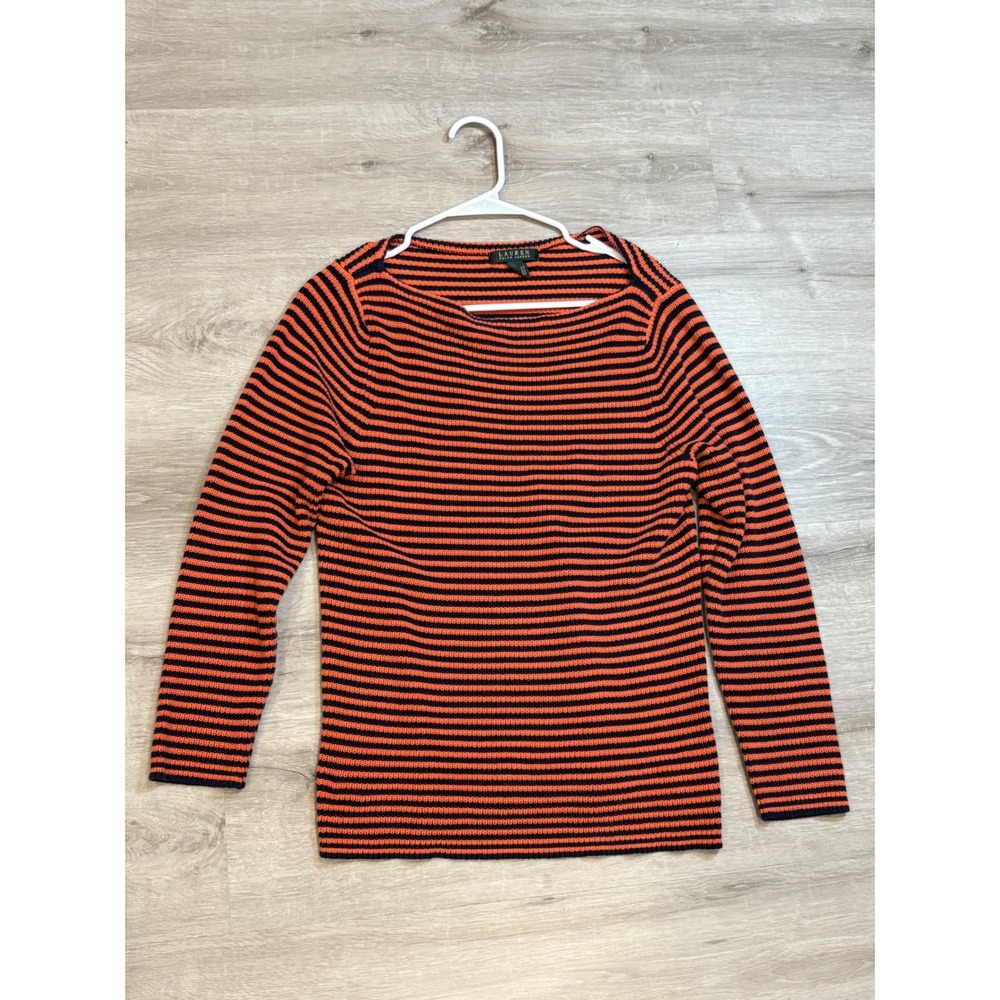 Lauren Ralph Lauren Striped Knit Top XL Long‎ Sleeve Boat Neck Orange Black
